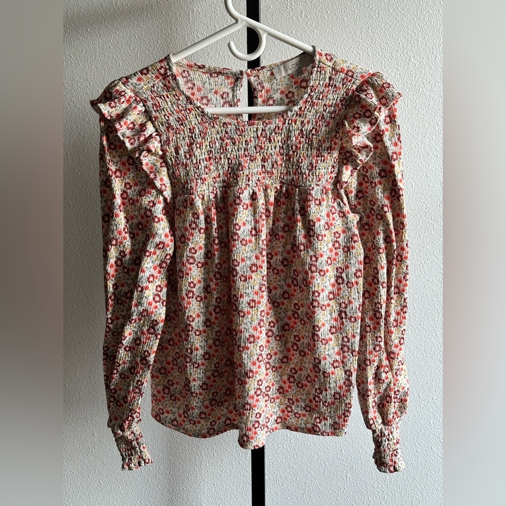 LOFT Floral Smocked Ruffle Long Sleeve Blouse - Cream, Red, Pink